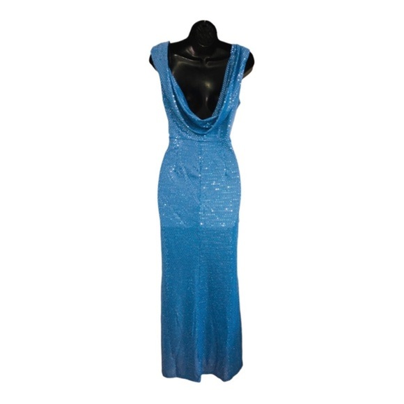 Blue sequin drape cowl back batwing style‎ maxi gown dress size 8 brand new - Picture 6 of 16